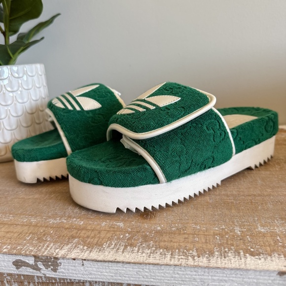 Gucci x Adidas Terry Cloth Trefoil GG Monogram Platform Sandals - Picture 1 of 8